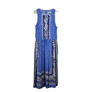 Ann Taylor LOFT Midi Blue Floral Open Back Dress LARGE Cottage Boho Peasant